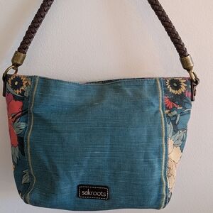 Sakroots Teal Blue Elsa Women's Hobo Bag Floral Braided Strap